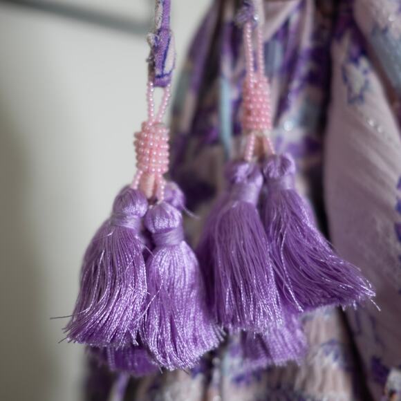 Hemant and Nandita Asia Long Sleeve Mini Dress Lilac Pink Tassel Boho XS NWT - Picture 7 of 9